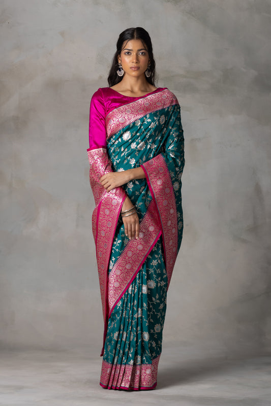 Teal and Rani Pink Banarasi Silk Saree with Gold & Silver Zari Work