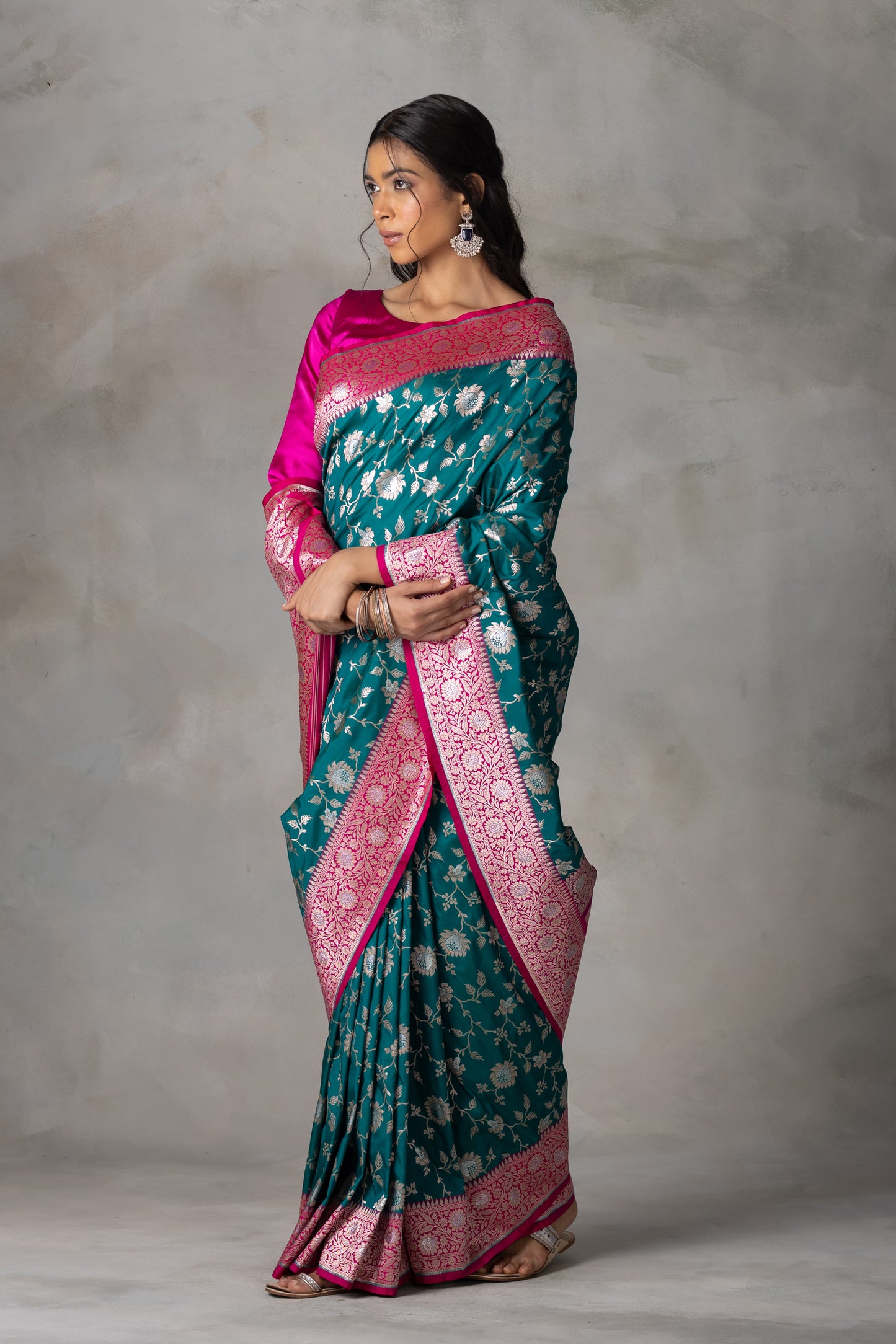 Teal and Rani Pink Banarasi Silk Saree with Gold & Silver Zari Work
