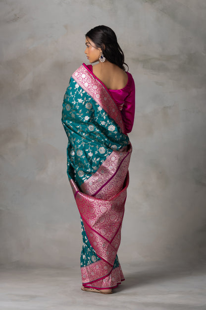 Teal and Rani Pink Banarasi Silk Saree with Gold & Silver Zari Work