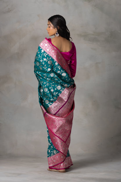 Navy Blue Banarasi Silk Saree with Multicolor Floral Zari and Pink Border