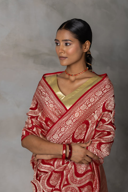 Classic Red Banarasi Georgette (Chiffon) Saree with Golden Zari Weaving