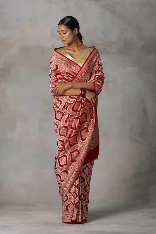 Classic Red Banarasi Georgette (Chiffon) Saree with Golden Zari Weaving