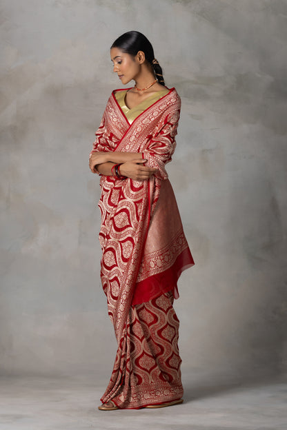 Classic Red Banarasi Georgette (Chiffon) Saree with Golden Zari Weaving