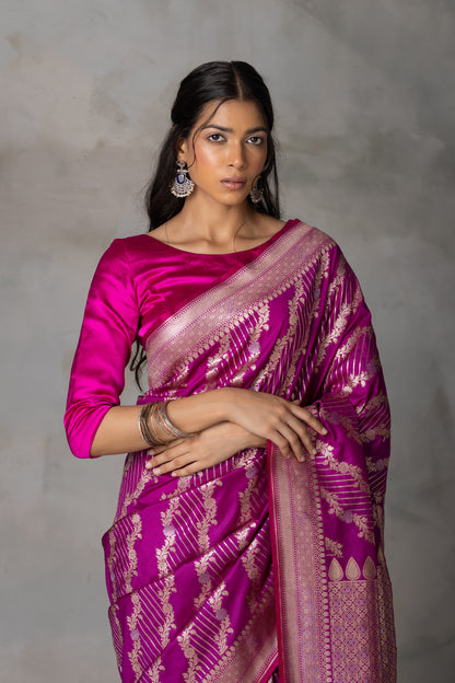 Magenta Banarasi Silk Saree with Gold Zari Weaving