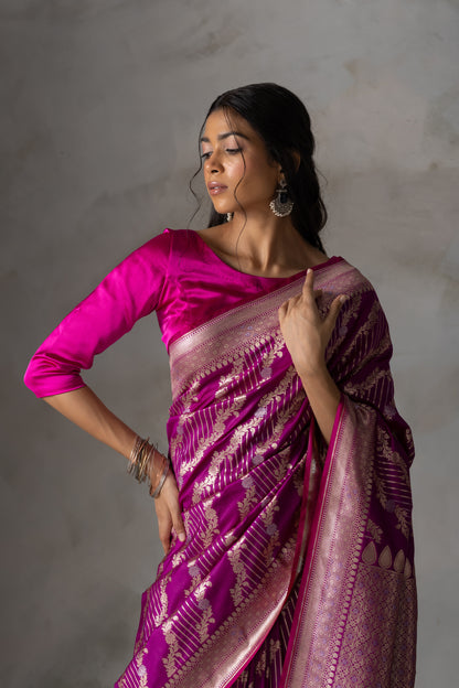 Magenta Banarasi Silk Saree with Gold Zari Weaving