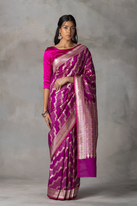 Magenta Banarasi Silk Saree with Gold Zari Weaving