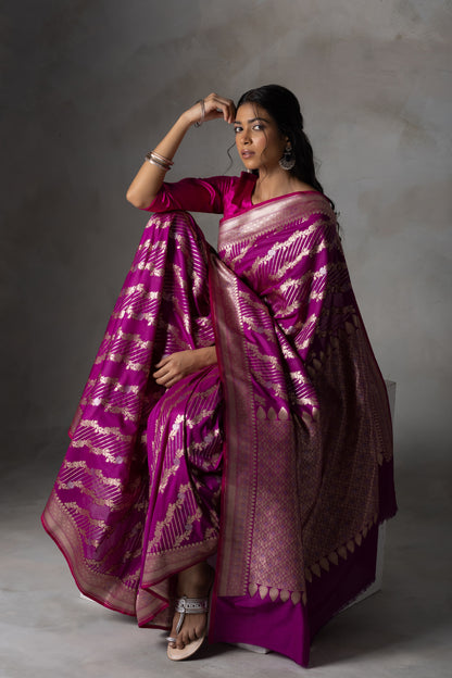 Magenta Banarasi Silk Saree with Gold Zari Weaving
