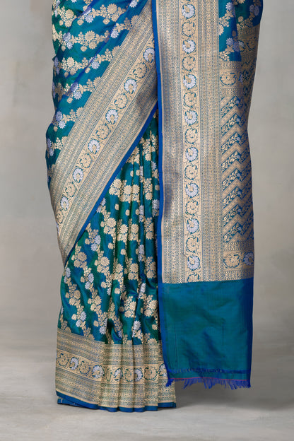 Royal Blue & Emerald Banarasi Silk Saree with Gold & Silver Floral Zari
