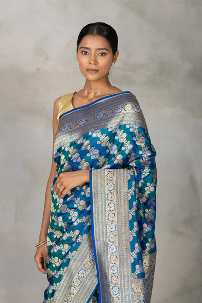 Royal Blue & Emerald Banarasi Silk Saree with Gold & Silver Floral Zari