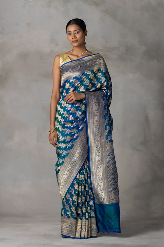 Royal Blue & Emerald Banarasi Silk Saree with Gold & Silver Floral Zari