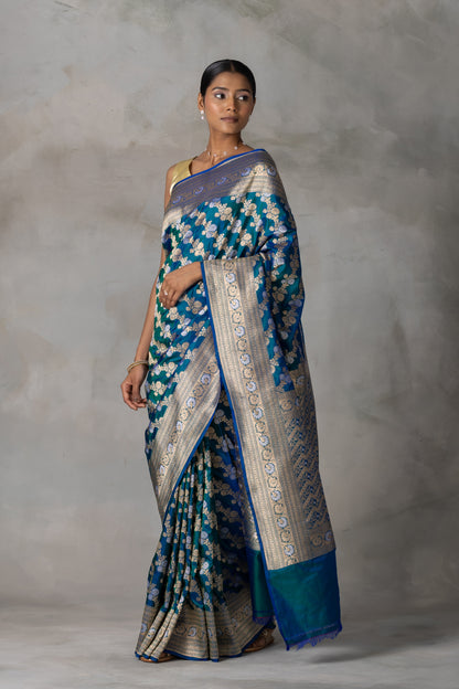 Royal Blue & Emerald Banarasi Silk Saree with Gold & Silver Floral Zari