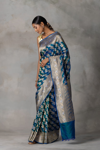 Royal Blue & Emerald Banarasi Silk Saree with Gold & Silver Floral Zari