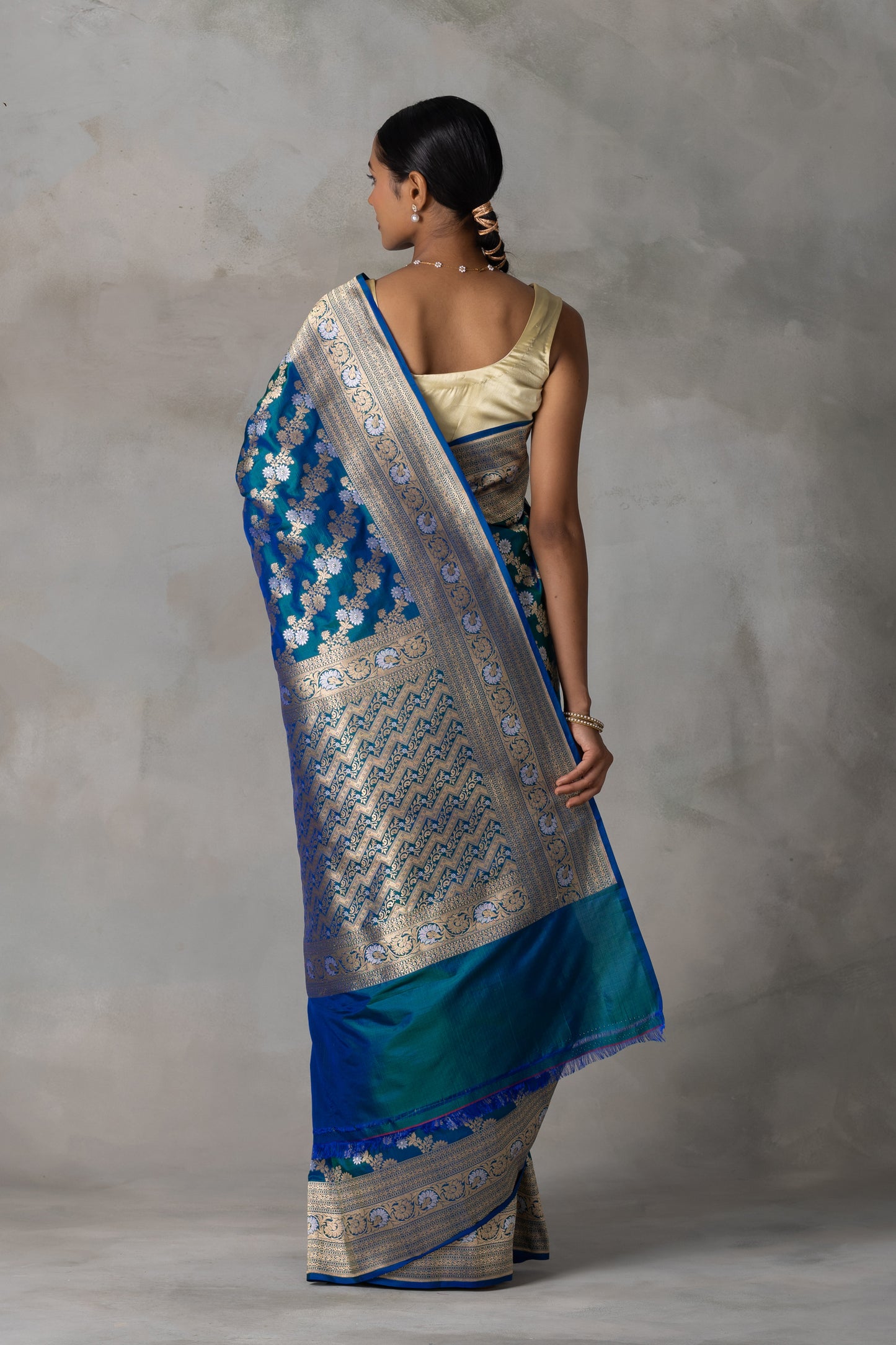 Royal Blue & Emerald Banarasi Silk Saree with Gold & Silver Floral Zari