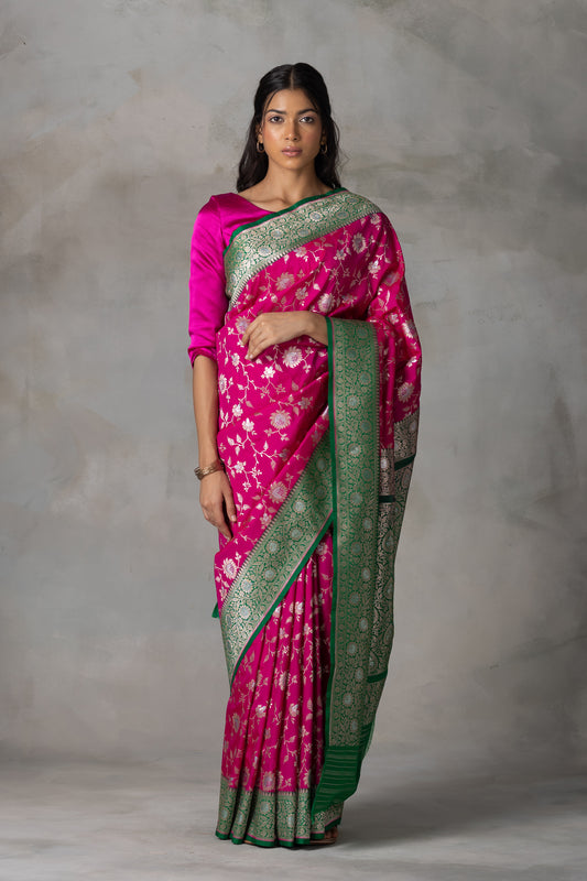 Rani Pink Banarasi Silk Saree with Bottle Green Border & Zari Work