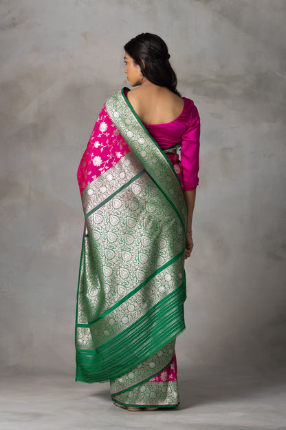 Rani Pink Banarasi Silk Saree with Bottle Green Border & Zari Work