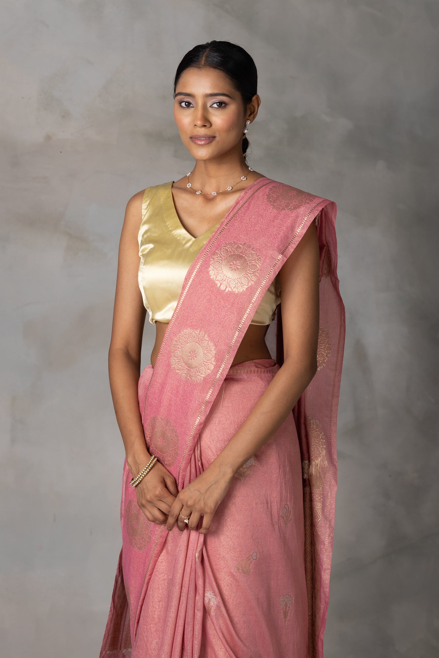 Blush Pink Tissue Banarasi Saree with Gold Zari Motifs