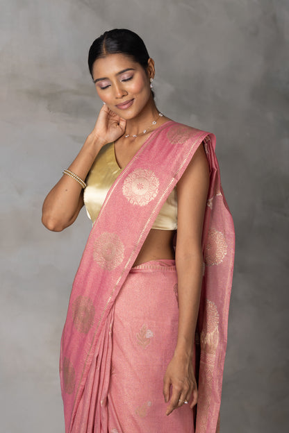 Blush Pink Tissue Banarasi Saree with Gold Zari Motifs