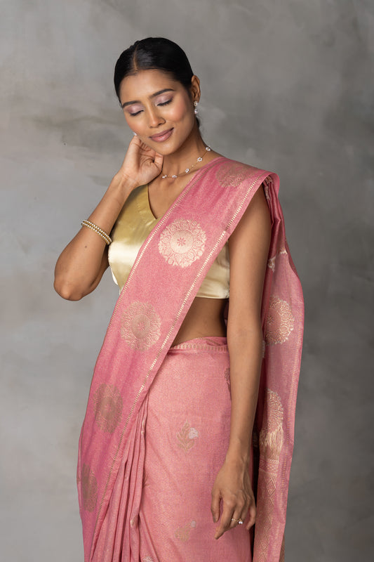 Blush Pink Tissue Banarasi Saree with Gold Zari Motifs