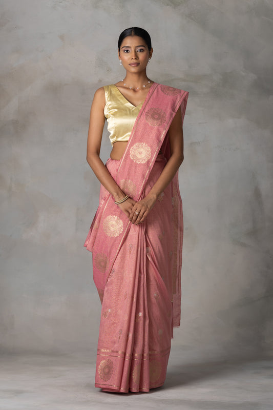 Blush Pink Tissue Banarasi Saree with Gold Zari Motifs