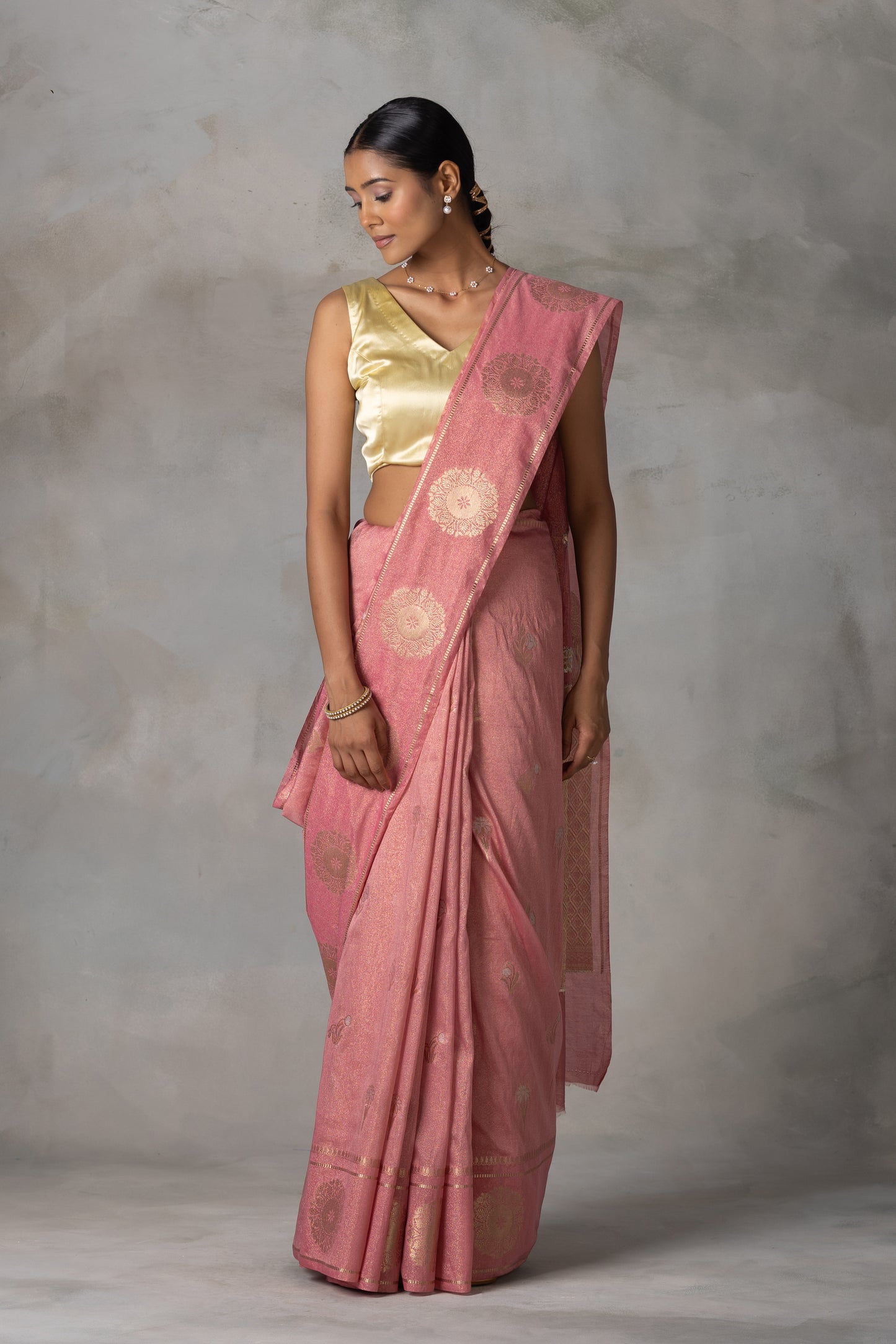 Blush Pink Tissue Banarasi Saree with Gold Zari Motifs