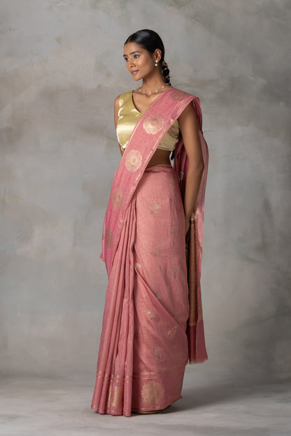 Blush Pink Tissue Banarasi Saree with Gold Zari Motifs