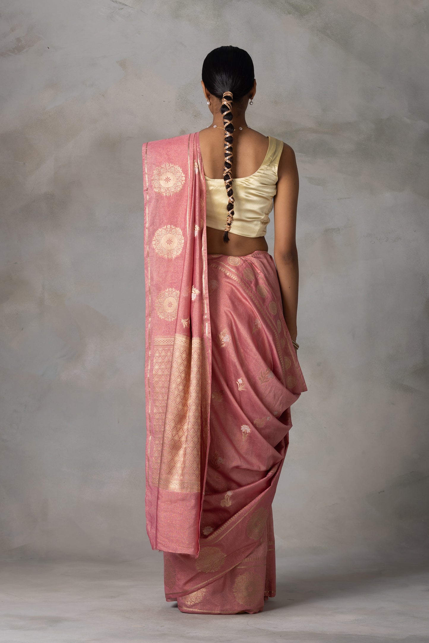 Blush Pink Tissue Banarasi Saree with Gold Zari Motifs