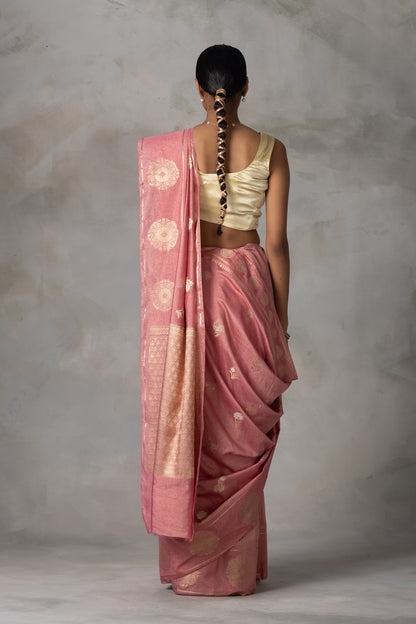 Blush Pink Tissue Banarasi Saree with Gold Zari Motifs