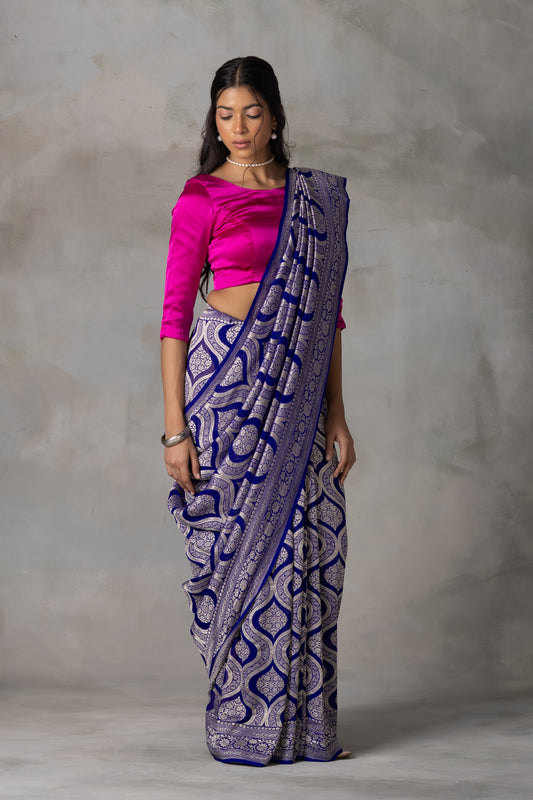Royal Blue Banarasi Georgette (Chiffon) Saree with Golden Zari Weaving