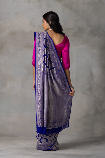 Royal Blue Banarasi Georgette (Chiffon) Saree with Golden Zari Weaving
