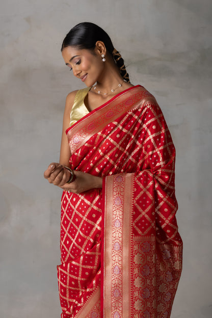 Classic Red Banarasi Silk Saree with Gold Zari Checks