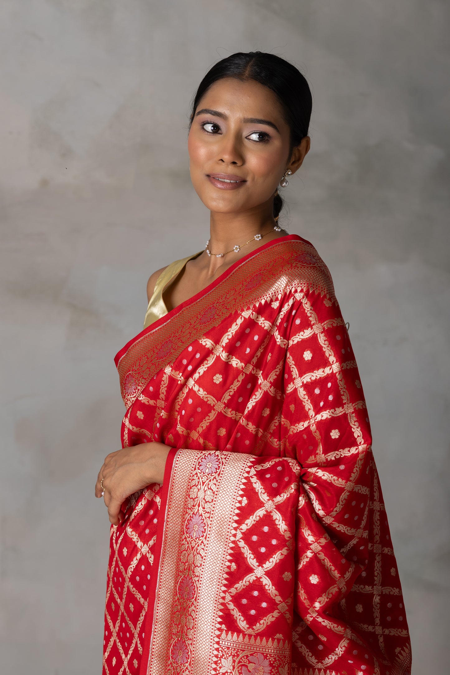 Classic Red Banarasi Silk Saree with Gold Zari Checks