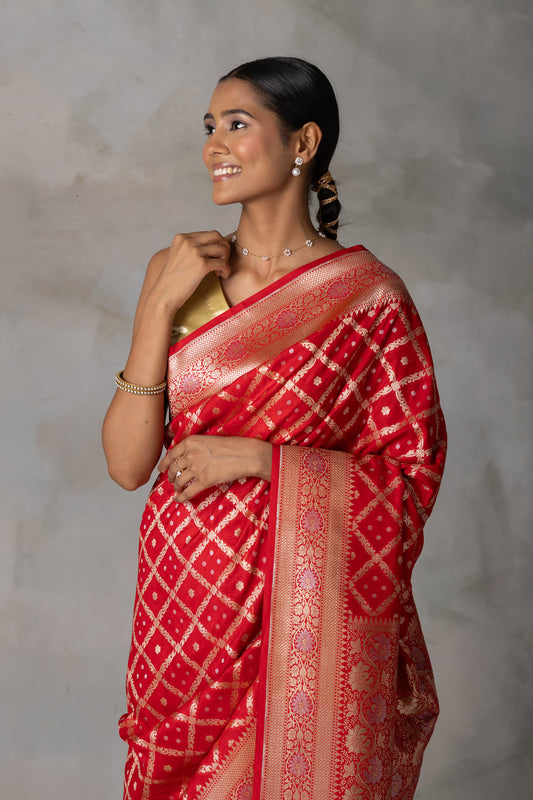 Classic Red Banarasi Silk Saree with Gold Zari Checks