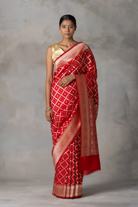 Classic Red Banarasi Silk Saree with Gold Zari Checks