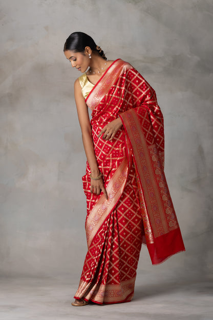 Classic Red Banarasi Silk Saree with Gold Zari Checks