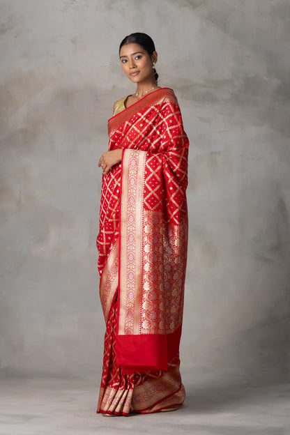 Classic Red Banarasi Silk Saree with Gold Zari Checks