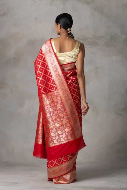 Classic Red Banarasi Silk Saree with Gold Zari Checks