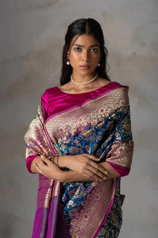 Navy Blue Banarasi Silk Saree with Multicolor Floral Zari and Pink Border