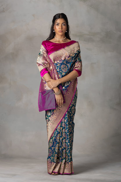 Navy Blue Banarasi Silk Saree with Multicolor Floral Zari and Pink Border