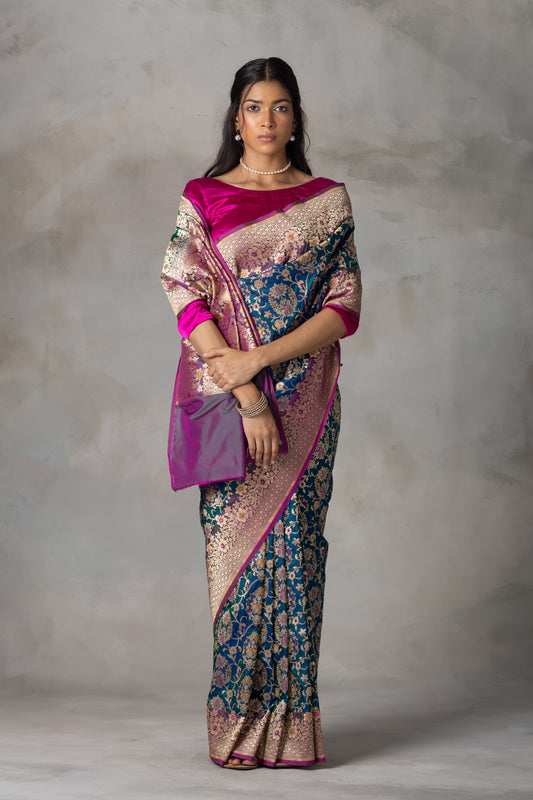 Navy Blue Banarasi Silk Saree with Multicolor Floral Zari and Pink Border