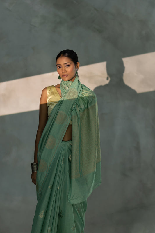Mint Green Tissue Banarasi Silk Saree with Gold & Silver Zari Work