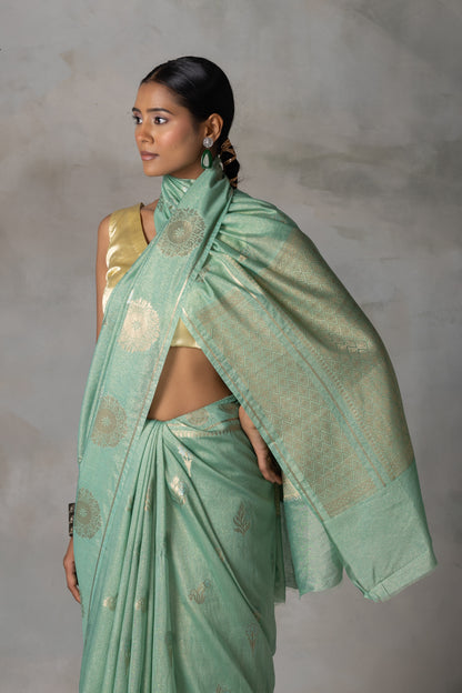Mint Green Tissue Banarasi Silk Saree with Gold & Silver Zari Work