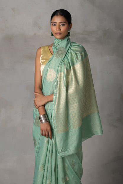 Mint Green Tissue Banarasi Silk Saree with Gold & Silver Zari Work