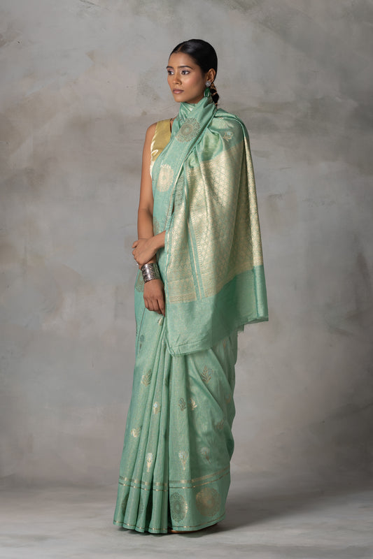 Mint Green Tissue Banarasi Silk Saree with Gold & Silver Zari Work