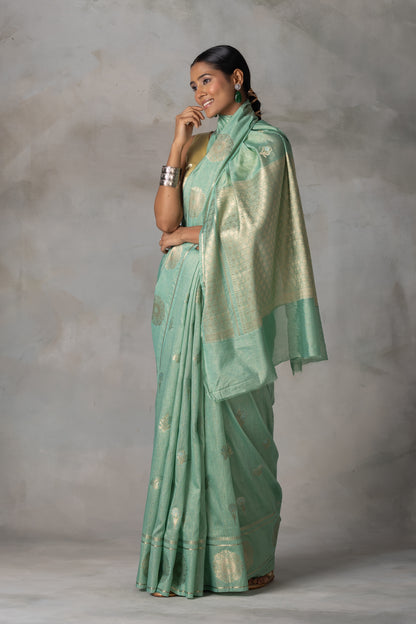 Mint Green Tissue Banarasi Silk Saree with Gold & Silver Zari Work