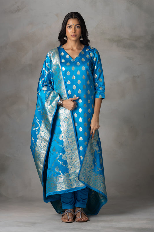 Royal Blue Banarasi Silk Suit Set with Zari Weaving