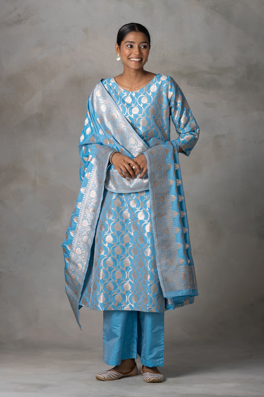 Sky Blue Banarasi Silk Anarkali Suit Set with Zari Weaving