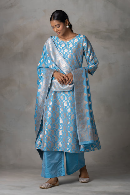 Sky Blue Banarasi Silk Anarkali Suit Set with Zari Weaving