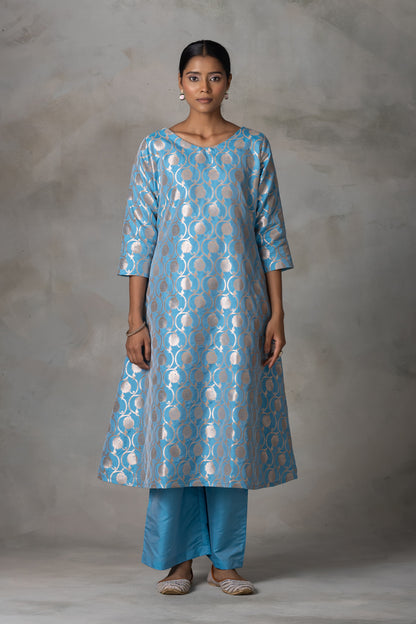 Sky Blue Banarasi Silk Anarkali Suit Set with Zari Weaving