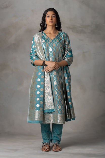 Teal Blue Banarasi Silk Suit Set with Zari Motifs