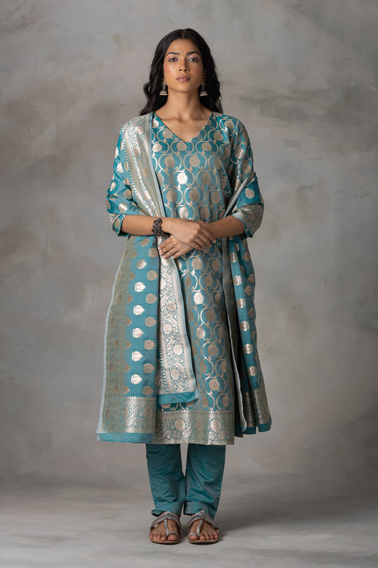 Teal Blue Banarasi Silk Suit Set with Zari Motifs